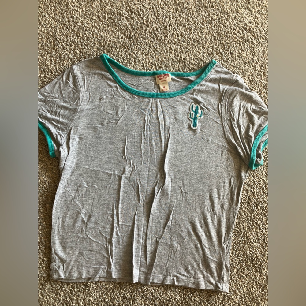 H&M Heather Gray Tee with Green Trim and Cactus Embroidery